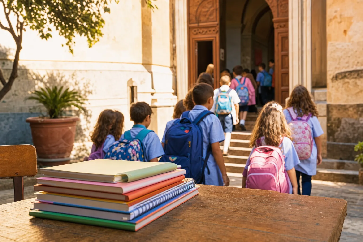 Bambini con zaini colorati che entrano in un edificio scolastico storico